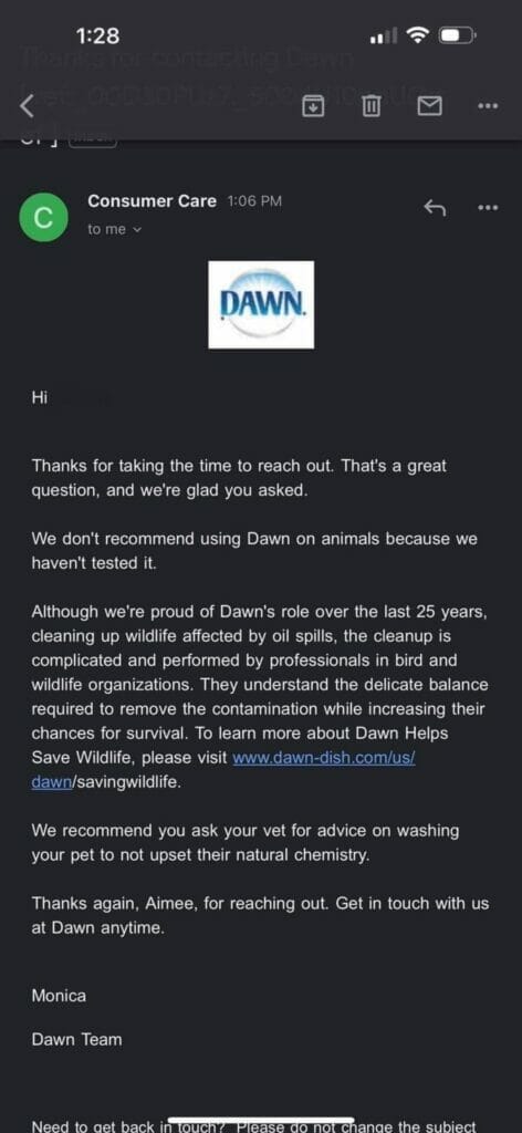 E-mail response from Dawn/PG when we asked if Dawn is OK for use to wash your animals.